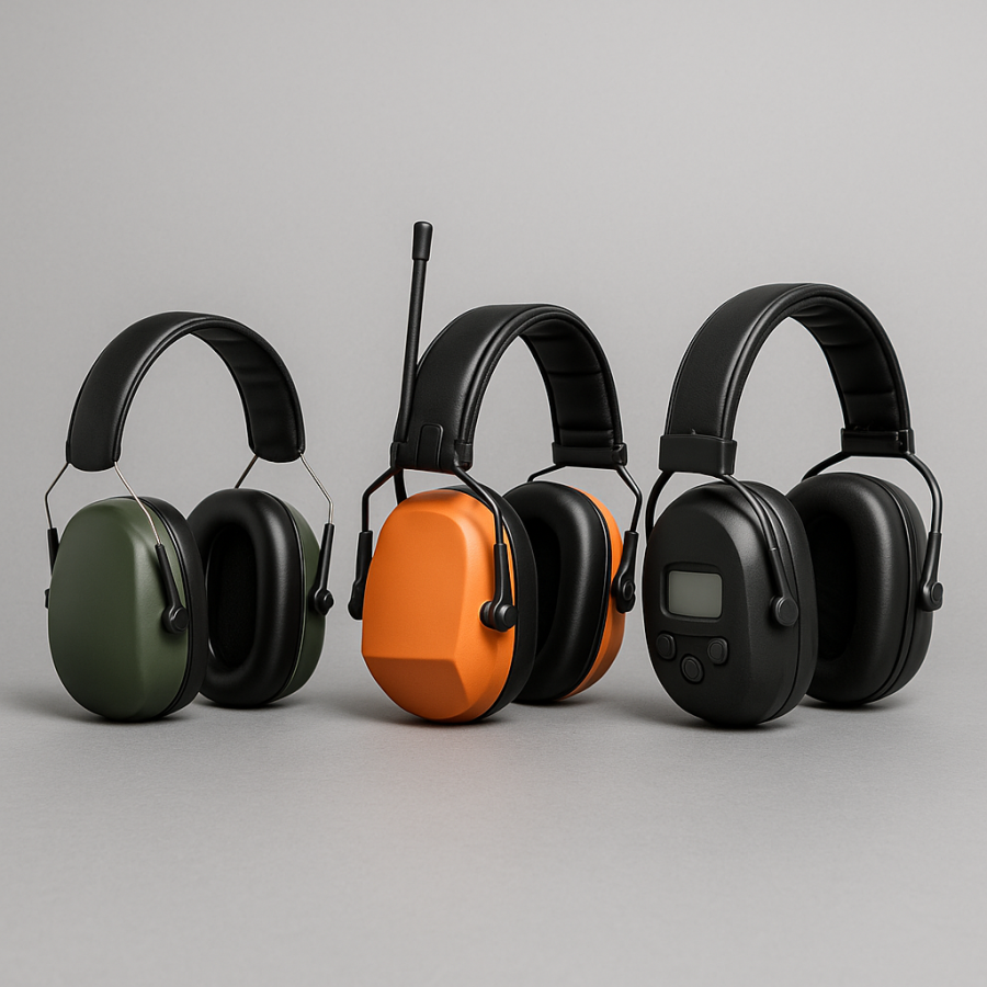 Ulike typer Guardio hørselvern – passivt, aktivt, Bluetooth og hjelmmontert – samlet for enkel sammenligning av funksjoner og bruksområder.
