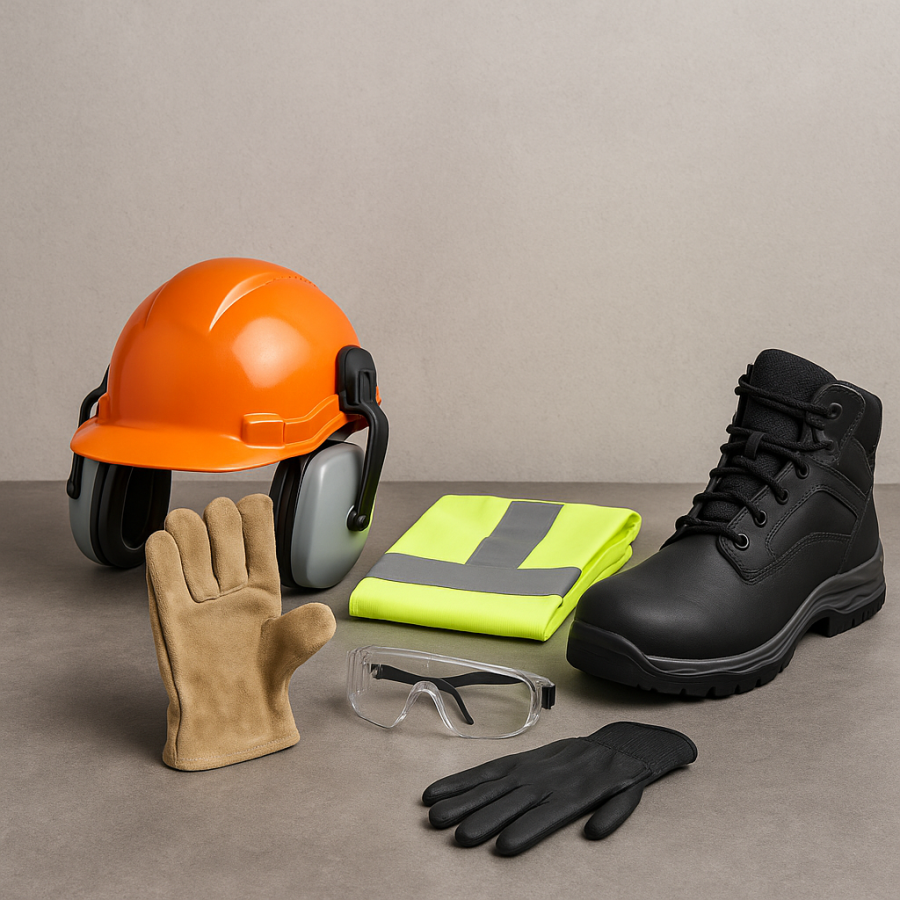 Personlig verneutstyr som hjelm, hansker, vernebriller, vernesko og refleksvest på bord.