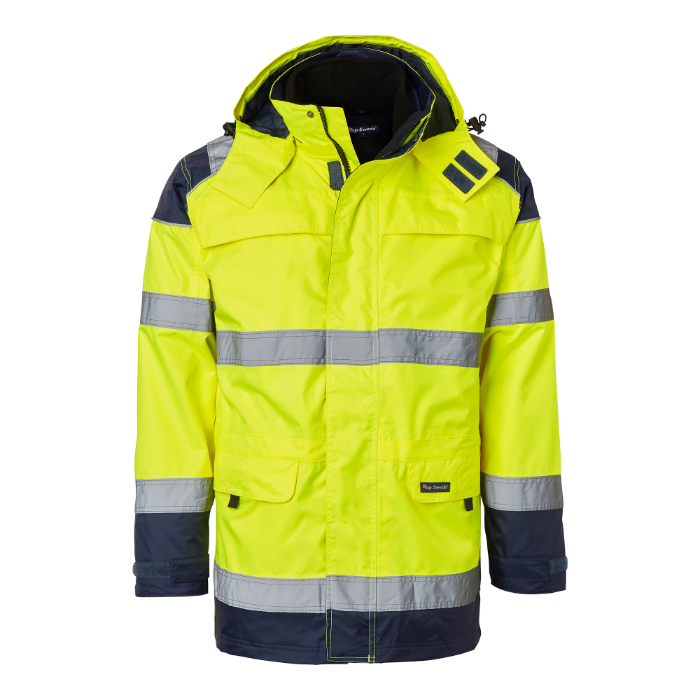 126 Vinterparkas varsel, gul/marineblå Str. XL
