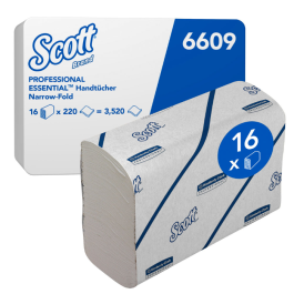 Kimberly Clark Scott Essential brettede håndklær 6609, 2-lags, smalfoldet, FSC-resirkulert, hvit, 16 x 220 Stykk, SFM-TK6609
