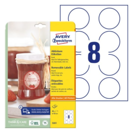 Avery Runde Etiketter – Perfekte for Hjemmelagde Delikatesser ( 5081, Hvit, 1 Lommebok, 65 mm )
