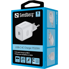 Sandberg USB-C AC Lader – Rask Lading, 20W (SDG441-42, 1 Eske)