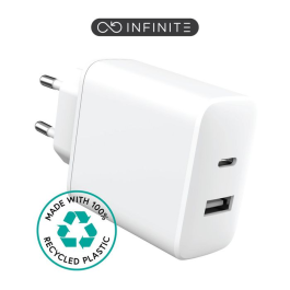 eSTUFF INFINITE USB-C PD 20W + USB-A 12W, EU-plugg - Hvit - 100% resirkulert plast, 1 Stykk, SEN-W127225411