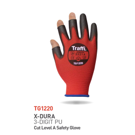 Traffi Cut A Nylon PU 3 Digit Hanske, Rød/Svart, 10 Par, STR-TG1220