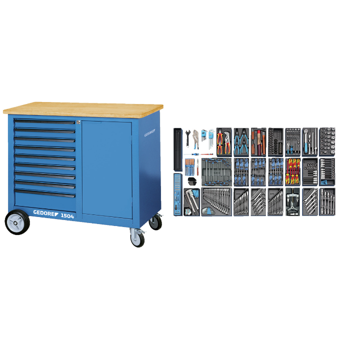 Gedore Blue Line, 1504 EU, mobil arbeidsbenk med 325-stk verktøysortiment, 1 sett, SGD-1873849