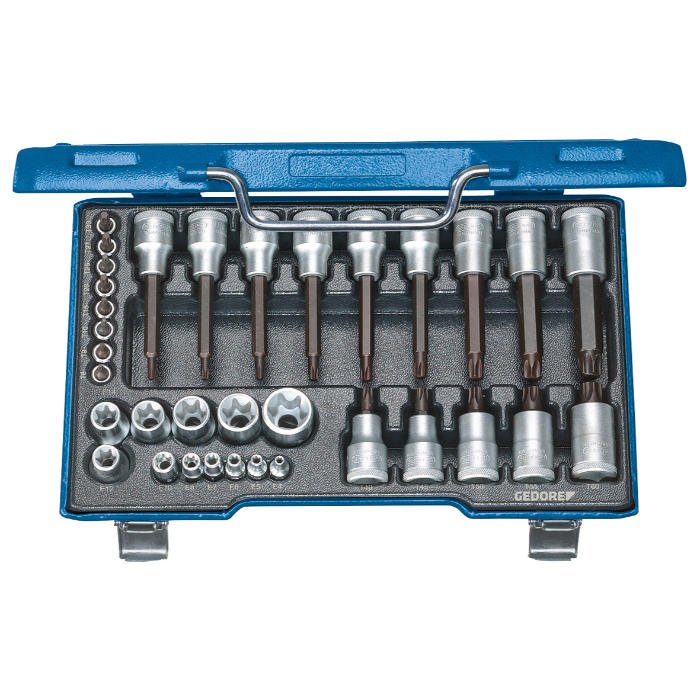 Gedore Blue Line, 19 TX 20, 34-stk Torx-skrutrekkerbitsokkelsett, 1/2 tomme + 1/4 tomme, 1 sett, SGD-6129440