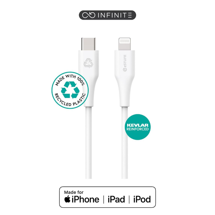 eSTUFF INFINITE Super Soft USB-C til Lightning-kabel - 1m & 2m, Hvit - 100% resirkulert PVC-fri plast, 1 Stykk, SEN-064