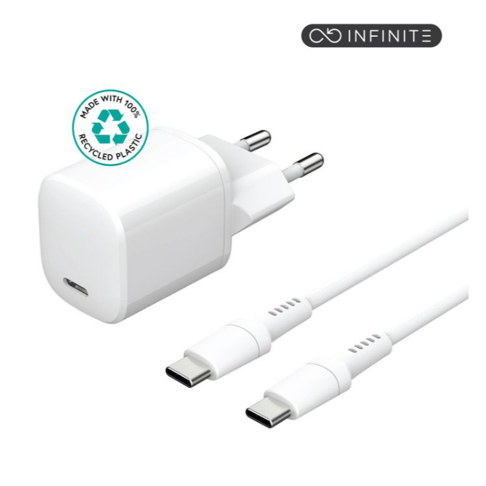eSTUFF INFINITE PD 20W EU Plugg Lader Kit med 1-1,5m USB-C Kabler - Hvit, 1 Stykk, SEN-050