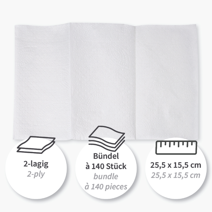 Franz Mensch Dispenser servietter, 25,5 x 15,5 cm, 2-lags | cellulose, hvit, 15 x 140 Stykk, SFM-305401