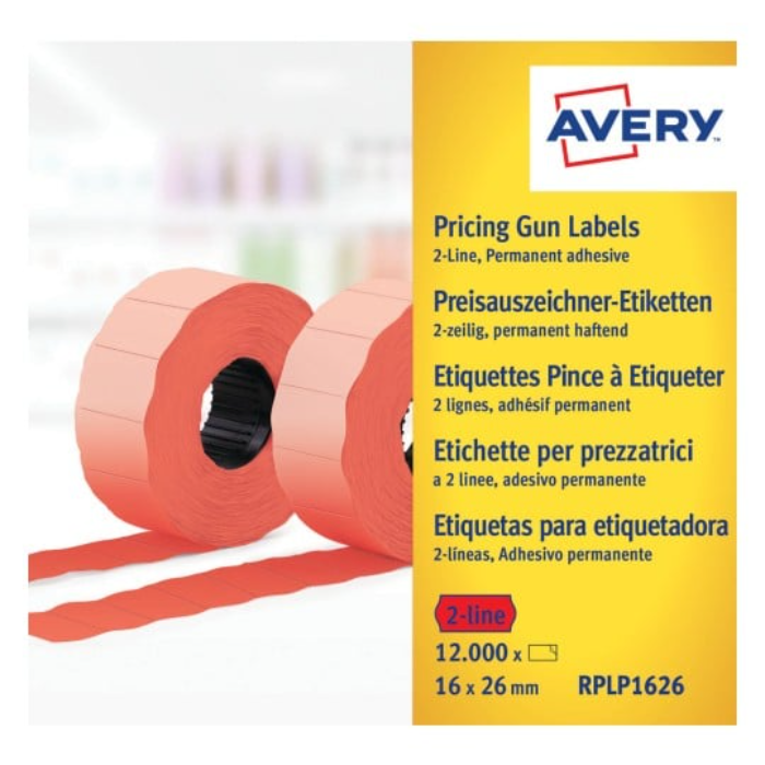 Avery Permanent selvklebende prisetiketter (hvit og rød) for Avery prispistoler (PL1/8 & PL2/18) - Størrelser: 26x12mm & 26x16mm, SAV-02