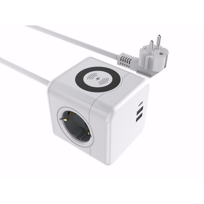MicroConnect Power Cube med trådløs ladning, 3 skuko-utganger, 2 USB A-porter, 1 USB-C-port, 1,5m kabel Hvit, 1 Stykk, SEN-W128851774