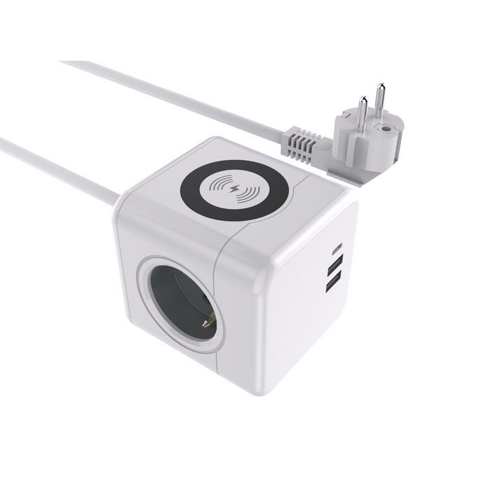MicroConnect Power Cube med trådløs lading, 3x franske (Type E) uttak, 2 USB A-porter, 1 USB-C-port 1,5m kabel Hvit, 1 Stykk, SEN-W128998154