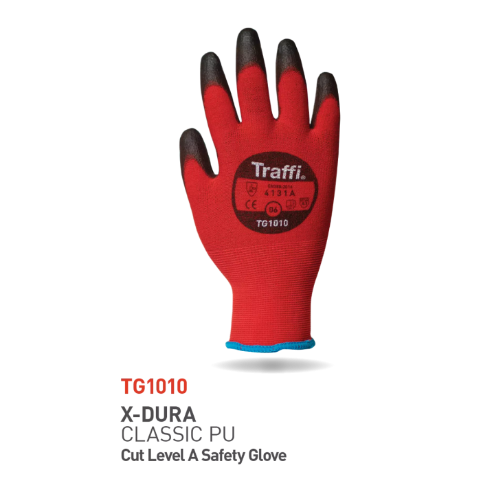 Traffi Cut A Nylon PU Hanske, Rød/Svart, 10 Par, STR-TG1010