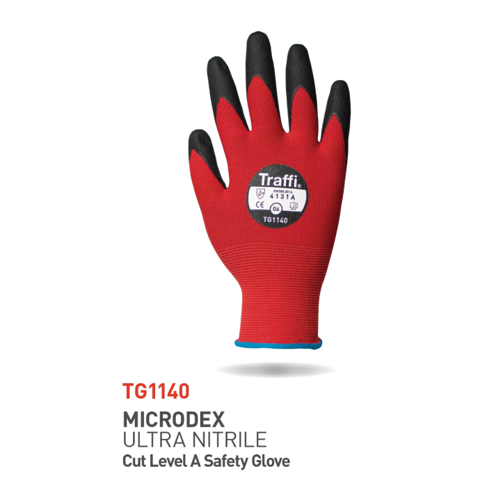 Traffi Cut A Microdex Nitrile Hanske, Rød/Svart, 10 Par, STR-TG1140
