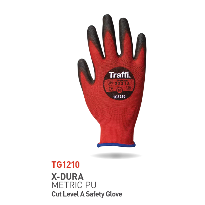 Traffi Cut A Polyester PU Hanske, Rød/Svart, 10 Par, STR-TG1210