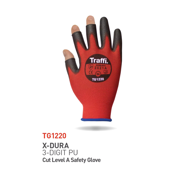 Traffi Cut A Nylon PU 3 Digit Hanske, Rød/Svart, 10 Par, STR-TG1220