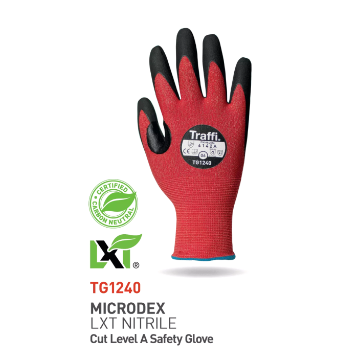 Traffi LXT Cut A MicroDex Nitrile Hanske, Rød/Svart, 10 Par, STR-TG1240