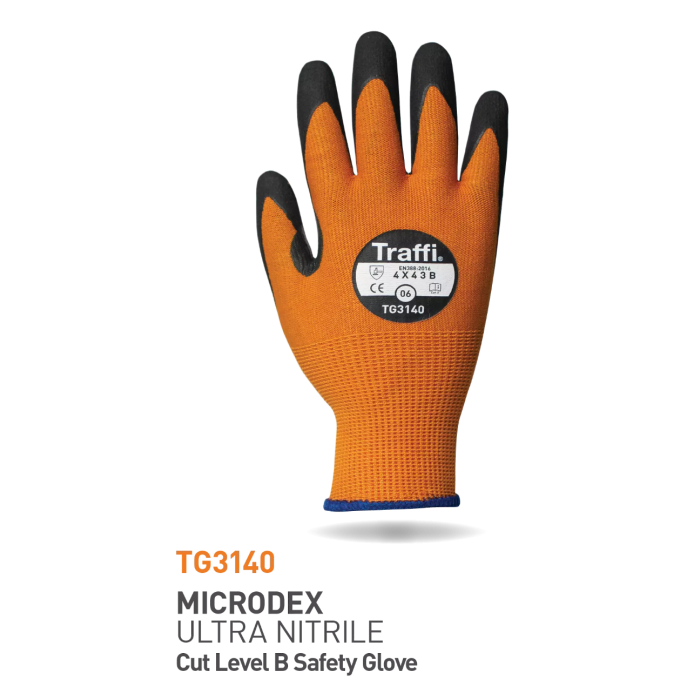 Traffi Cut B Microdex Nitrile Hanske, Oransje/Svart, 10 Par, STR-TG3140