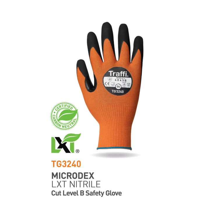 Traffi LXT Cut B MicroDex Nitrile Hanske, Oransje/Svart, 10 Par, STR-TG3240