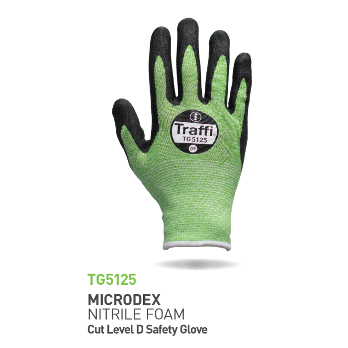 Traffi Cut D Nitrile Foam Håndteringshanske, Grønn/Svart, 10 Par, STR-TG5125