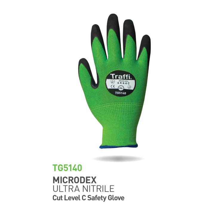 Traffi Cut C Microdex Nitrile Hanske, Grønn/Svart, 10 Par, STR-TG51-40-50