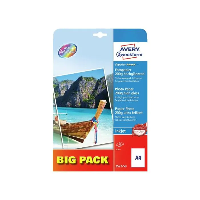 Avery Superior Inkjet Fotopapir – Utmerket Fargegjengivelse ( 2572-50, Hvit, 1 Boks, A4 )