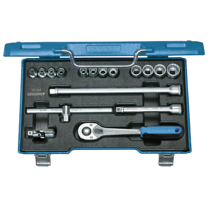 Gedore Blue Line 17-Stykk 3/8 tommers sokkelsett, sekskant- og UD-profil, 6-19 mm, SGD-709