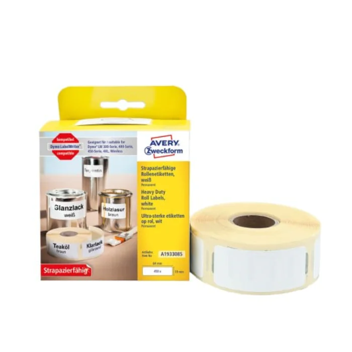 Avery Polyester Roll Etiketter – Vann- og oljeavstøtende ( A1933085, Hvit, 1 Ruller, 19 x 64 mm )