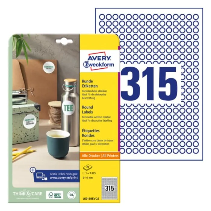 Avery Runde Etiketter – Jam-fri Utskrift ( L6019REV-25, Hvit, 1 Lommebok, 10 mm )