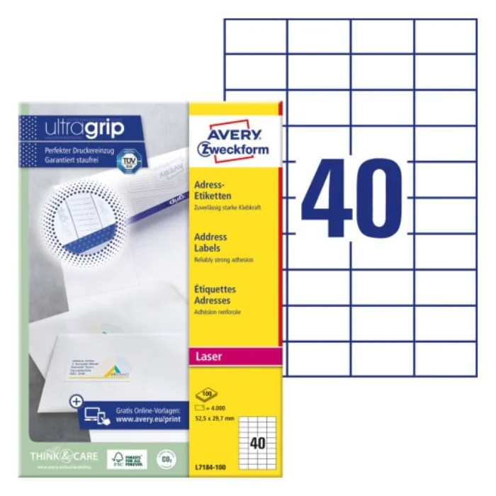 Avery Adressetiketter – Ultragrip, Miljøvennlig (Hvit, Varierte Størrelser), 1 Boks, SAV-27