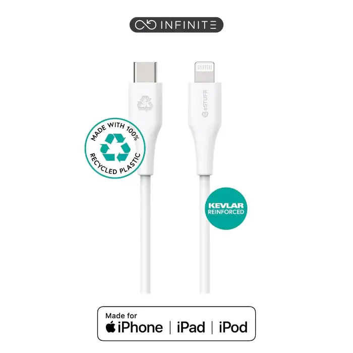 eSTUFF INFINITE Super Soft USB-C til Lightning Kabel 1m Hvit - 100% Resirkulert PVC-fri Plast, 1 Stykk, SEN-W127221735