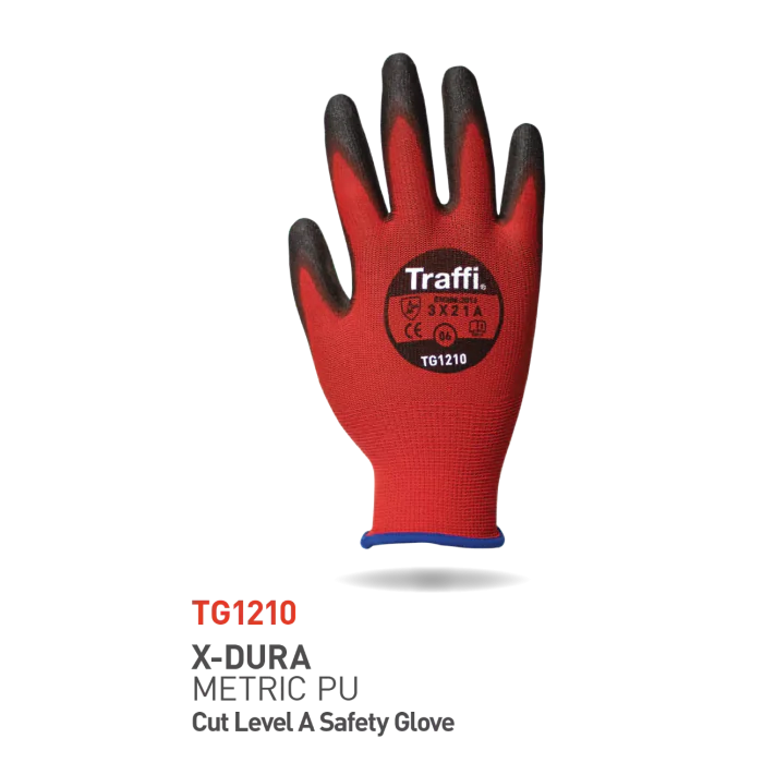 Traffi Cut A Hansker – Lettvekts PU, Høy Slitestyrke (Rød/Sort, Størrelse 6-12), 10 Par, STR-TG1210